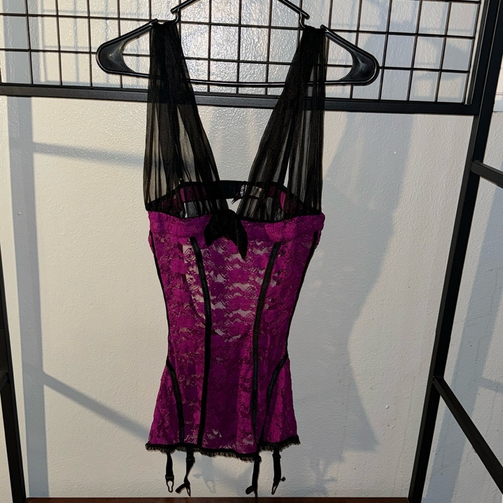 Sheer Lace Garter Chemise - Magenta